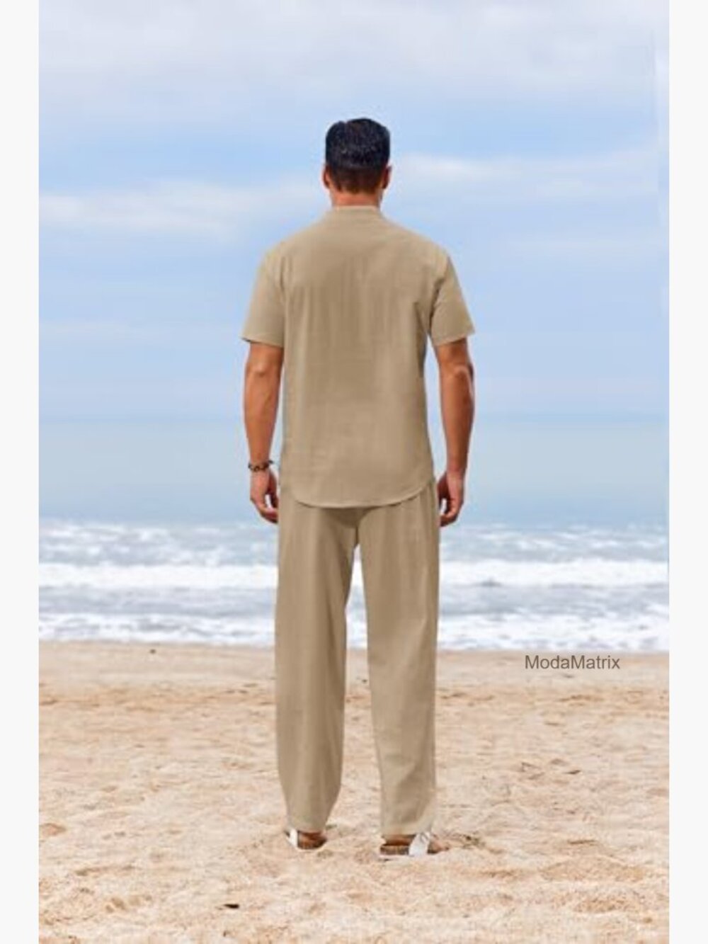 Men's 2 Piece Cotton Henley Short Sleeve Shirt and Pants Set Summer Outfit - Picture 4 of 7